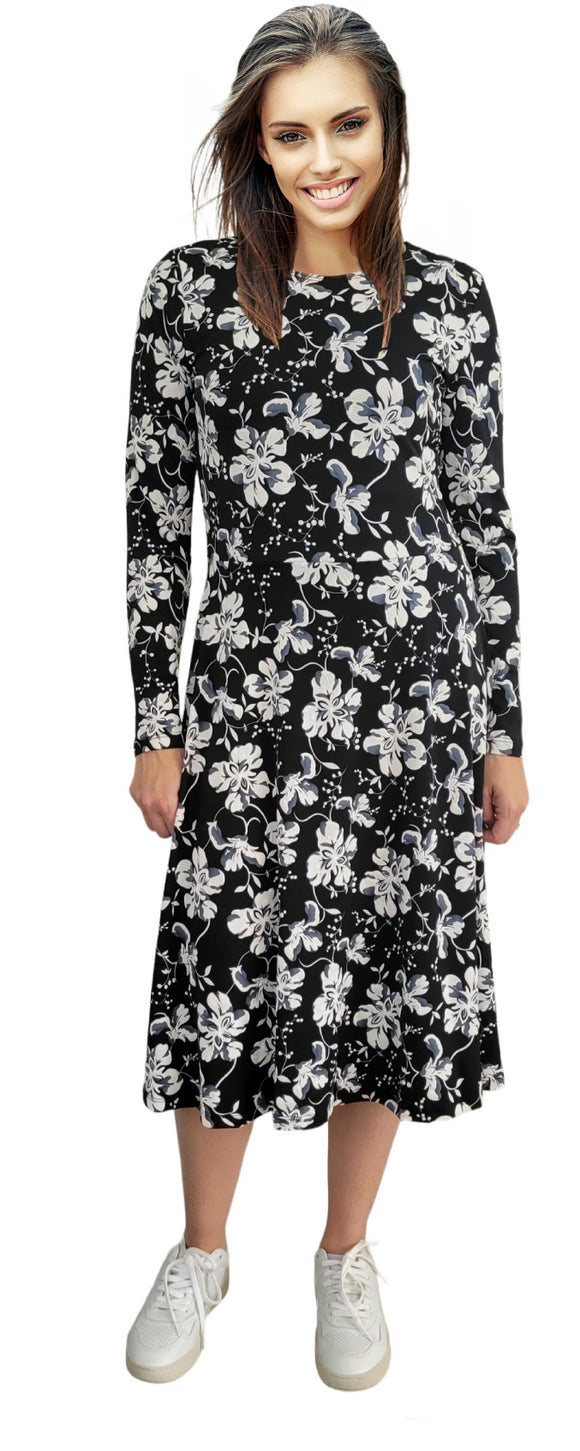 Fit and Flair Black & White Floral Dress